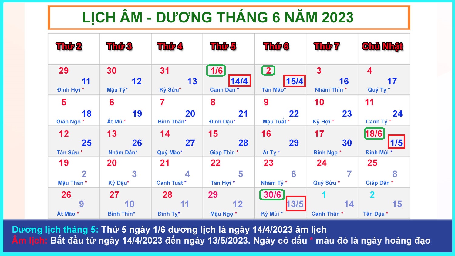 Lịch âm dương tháng 6 năm 2023 và những ngày lễ tháng 6/2023
