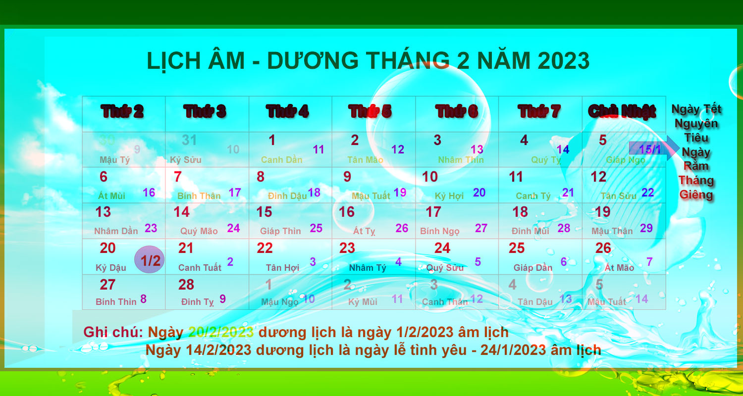 Lịch âm dương tháng 2 năm 2023 và những ngày lễ tháng 2/2023