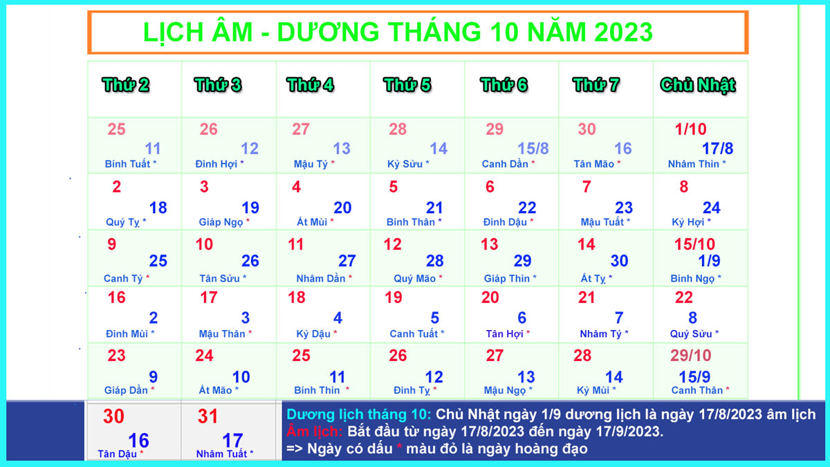 Dương lịch Tháng 10 năm 2023 Âm lịch bắt đầu từ 17/8 đến 17/9/2023