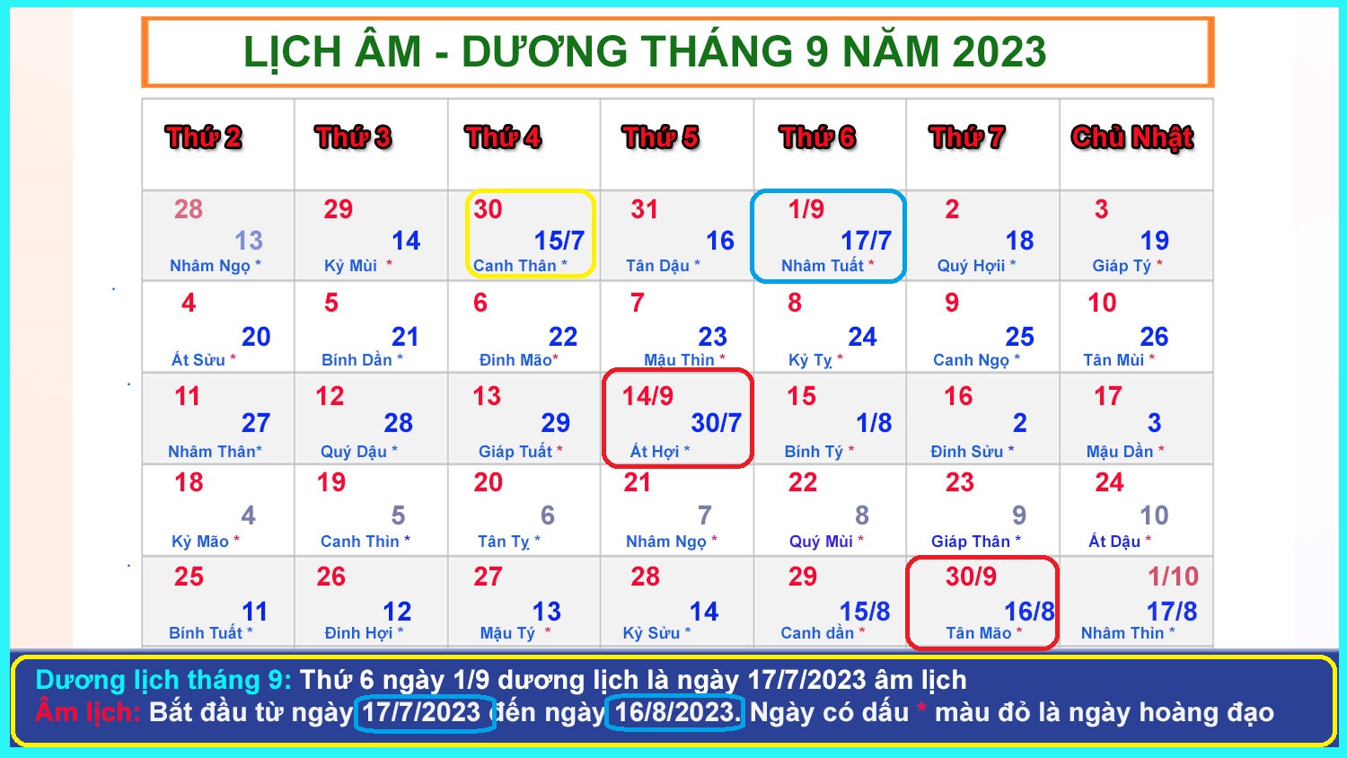 Lịch âm dương tháng 9 năm 2023 và những ngày lễ tháng 9/2023